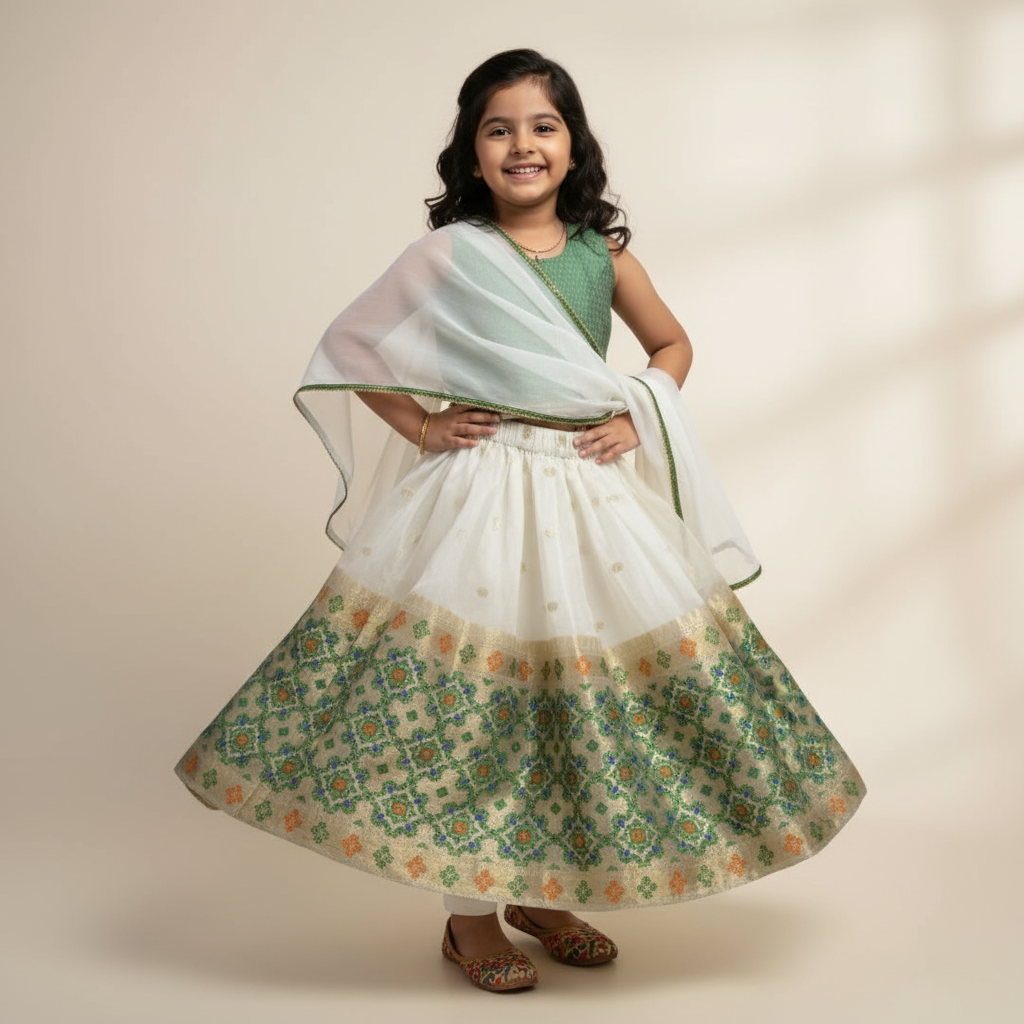 Girls Festive Green & White Lehenga