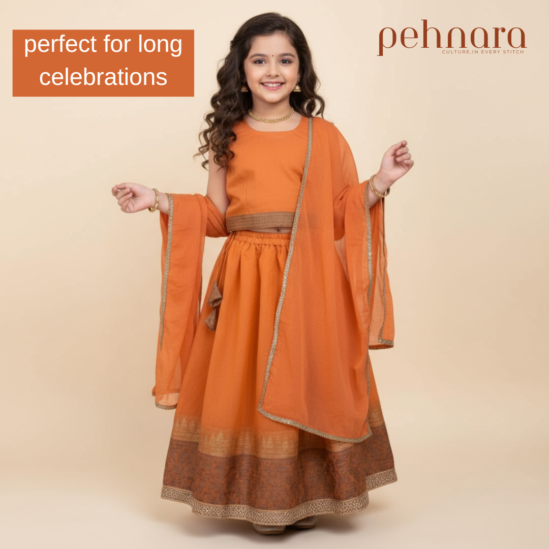 Pehnara Kids Ethnic Orange Silk Set